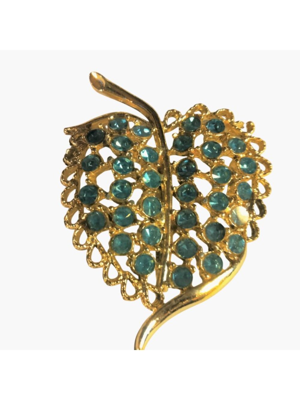 Gold Tone Leaf Brooch Blue Rhinestones Elegant Pin